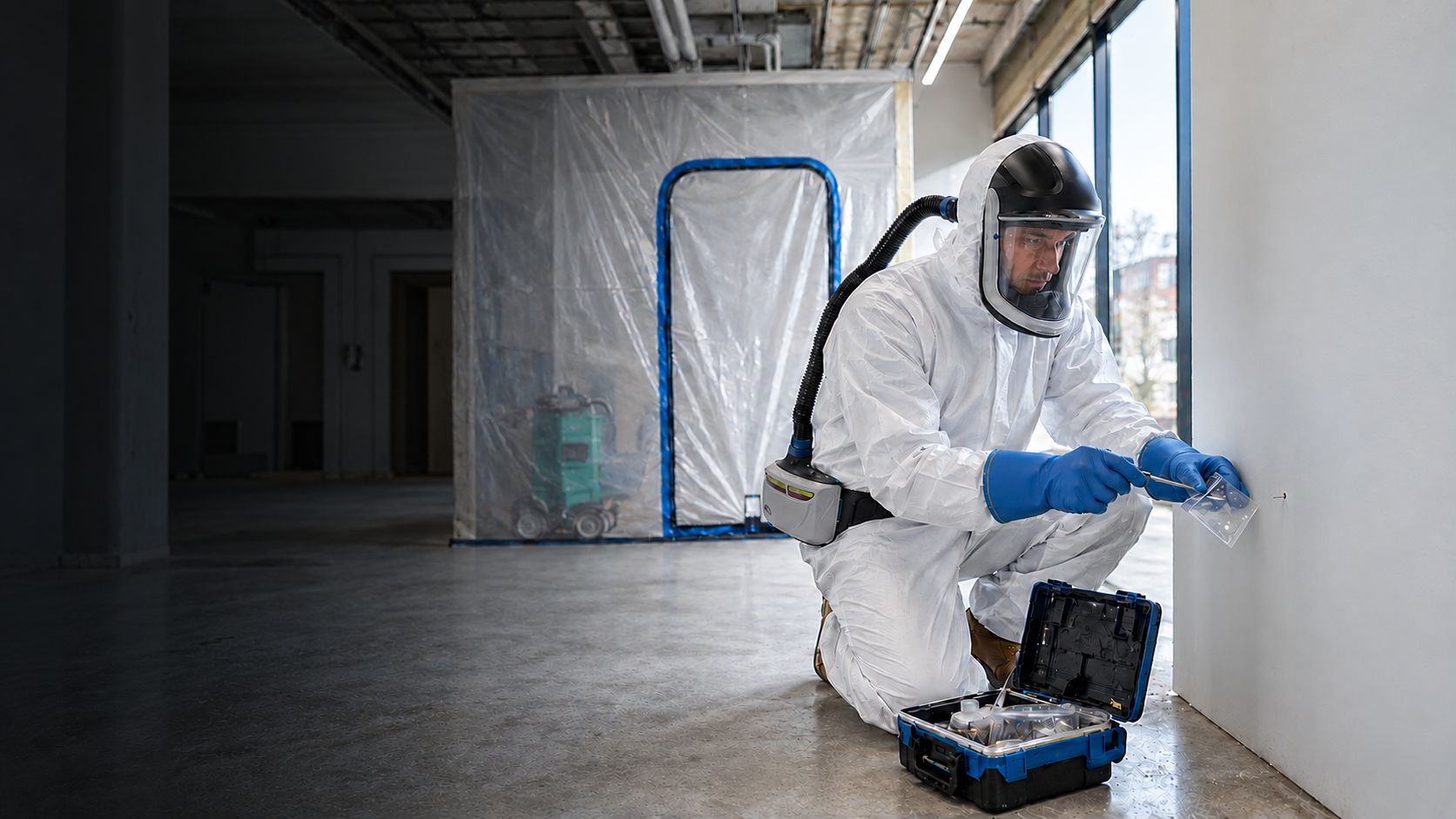 Safe Abate professional collecting a controlled building material sample