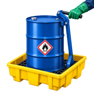 Illustration of controlled hazardous material handling with a labeled drum and secondary containment